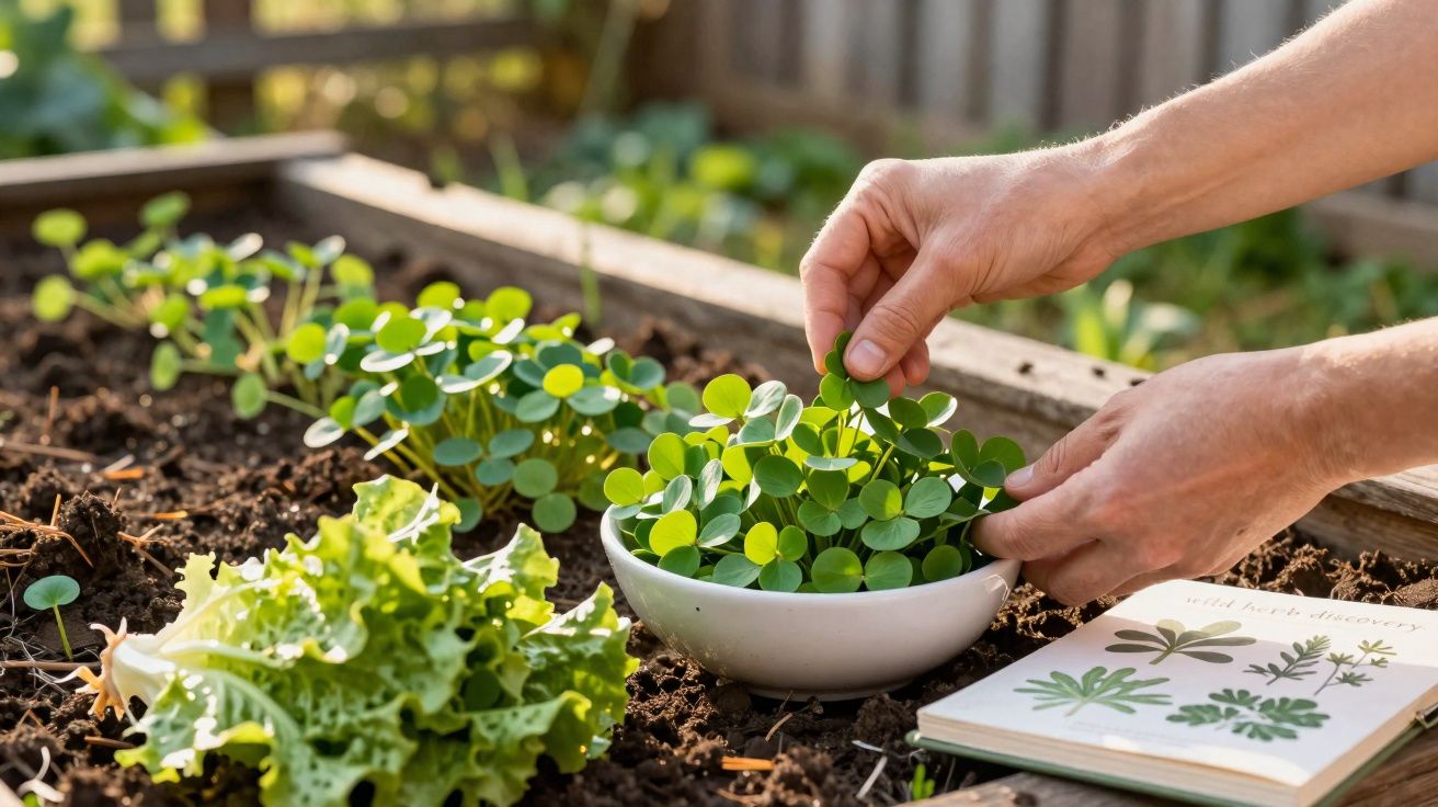 Mãos colhendo folhas verdes num recipiente branco numa horta com alface e livro de plantas aberto.