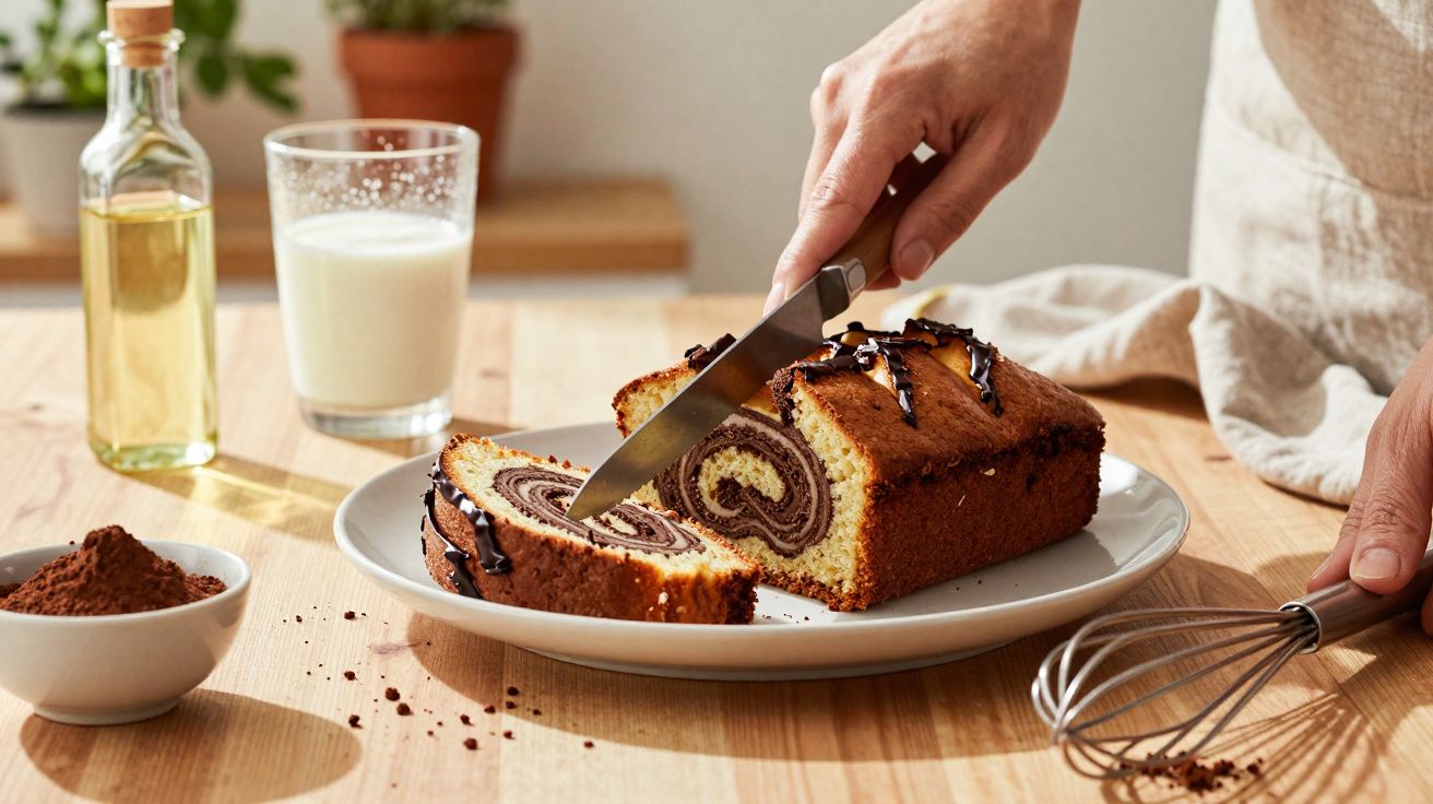 Mãos a cortar bolo marmoreado com chocolate numa mesa de madeira com leite e cacau em pó.