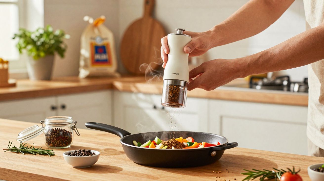 Pessoa moendo pimenta sobre legumes numa frigideira numa cozinha luminosa e moderna