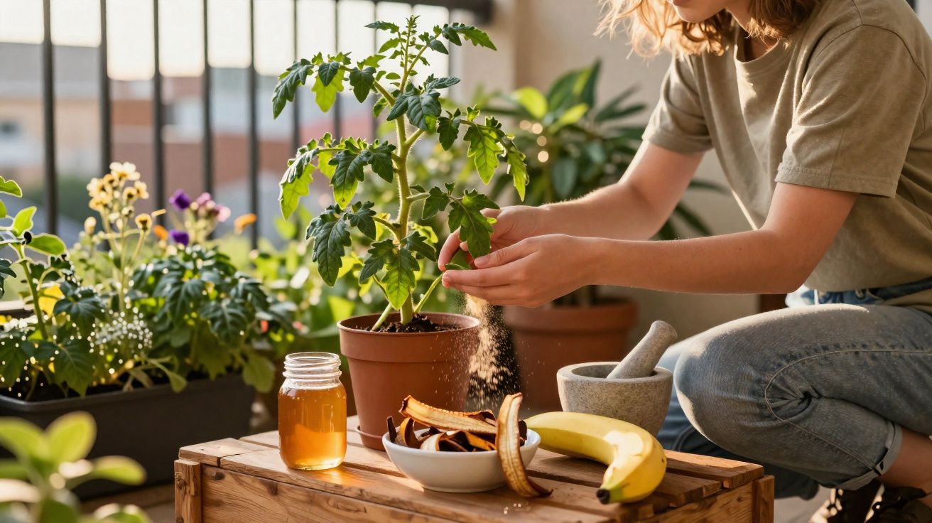 Pessoa a cuidar de uma planta em vaso num ambiente com outras plantas e elementos de jardinagem numa varanda.