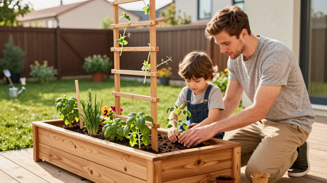 Homem e menino plantam ervas em canteiro de madeira num jardim ensolarado em casa.