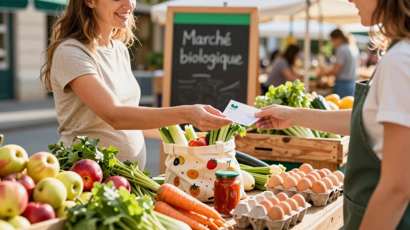 Mulher a comprar produtos biológicos num mercado ao ar livre, com legumes e ovos à venda.