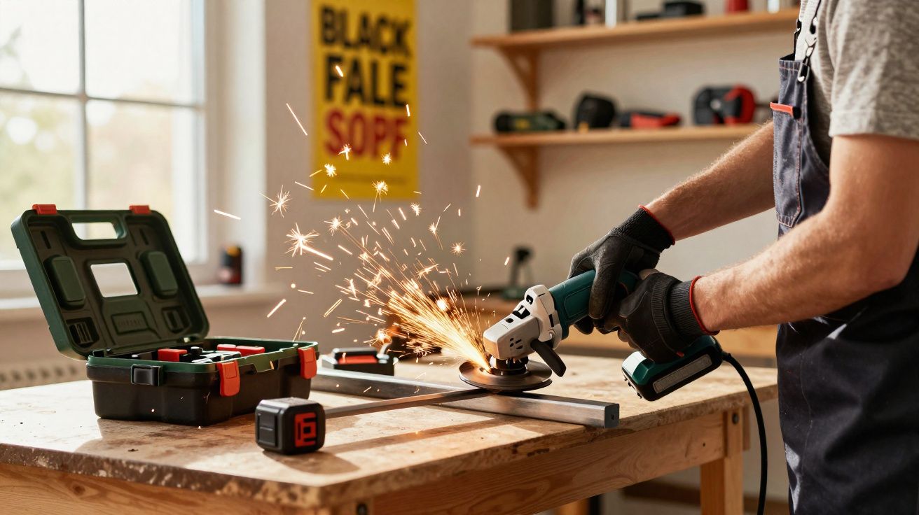 Pessoa a usar esmerilhadora elétrica a produzir faíscas numa bancada de madeira numa oficina.