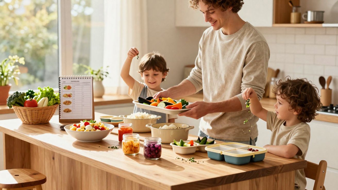 Pai com dois filhos a preparar uma refeição saudável com legumes e arroz numa cozinha luminosa.