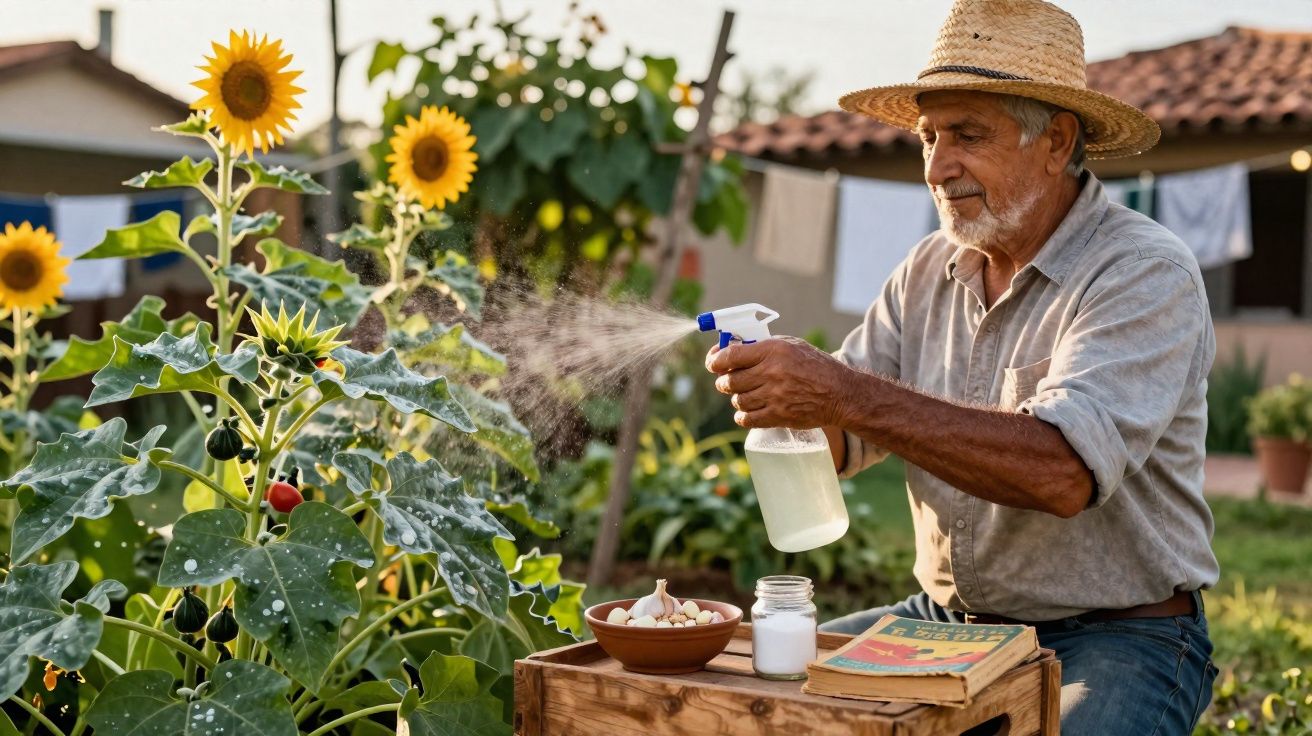 Homem idoso com chapéu de palha pulveriza plantas num jardim ensolarado, com girassóis ao fundo.