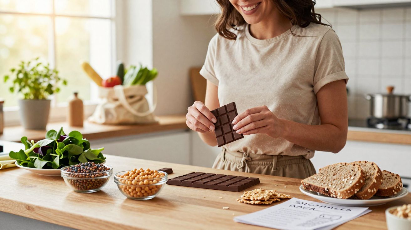 Mulher a partir uma barra de chocolate numa cozinha com alimentos saudáveis numa bancada.
