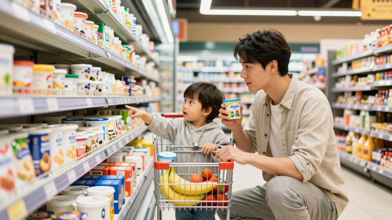 Pai e filho a fazer compras num supermercado, com carrinho cheio de frutas e iogurtes.