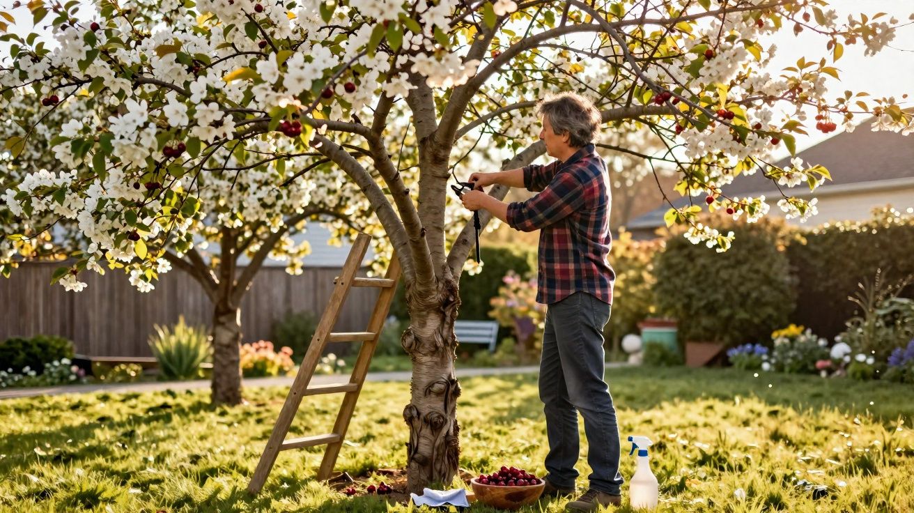 Homem a podar árvore florida com tesoura de jardinagem num jardim ensolarado na primavera.