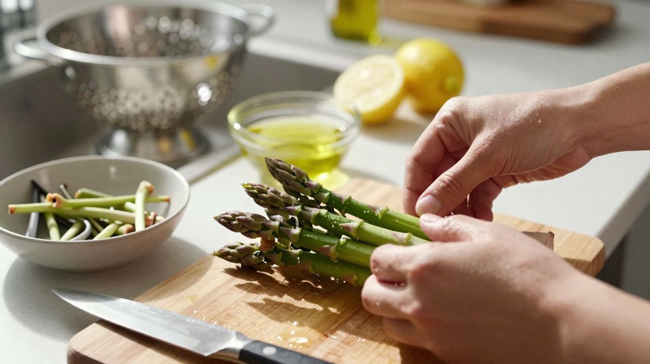 Mãos a preparar um molho de espargos verdes sobre tábua de madeira numa cozinha com limão e azeite.