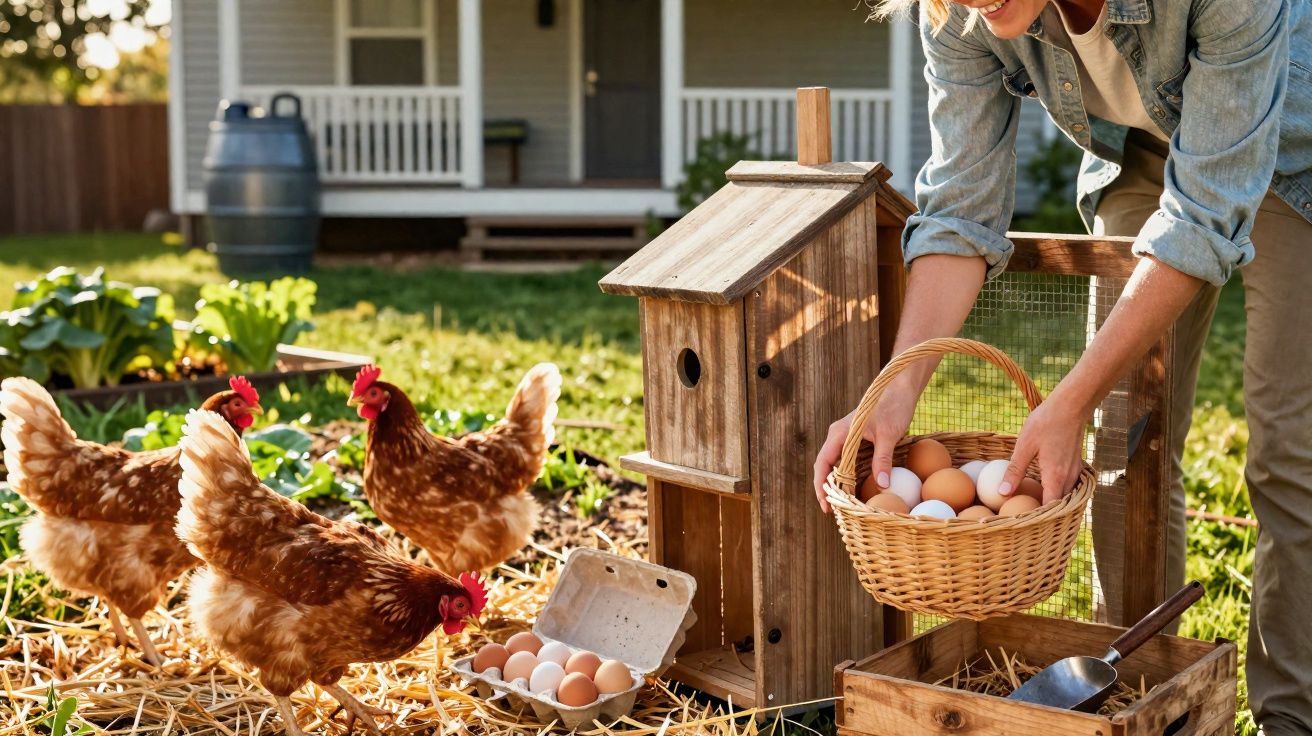 Pessoa a recolher ovos frescos de galinhas junto a um galinheiro de madeira num quintal com vegetação.