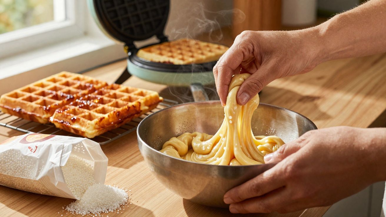 Duas mãos esticam massa de waffle num prato metálico com waffle acabado de fazer ao fundo.