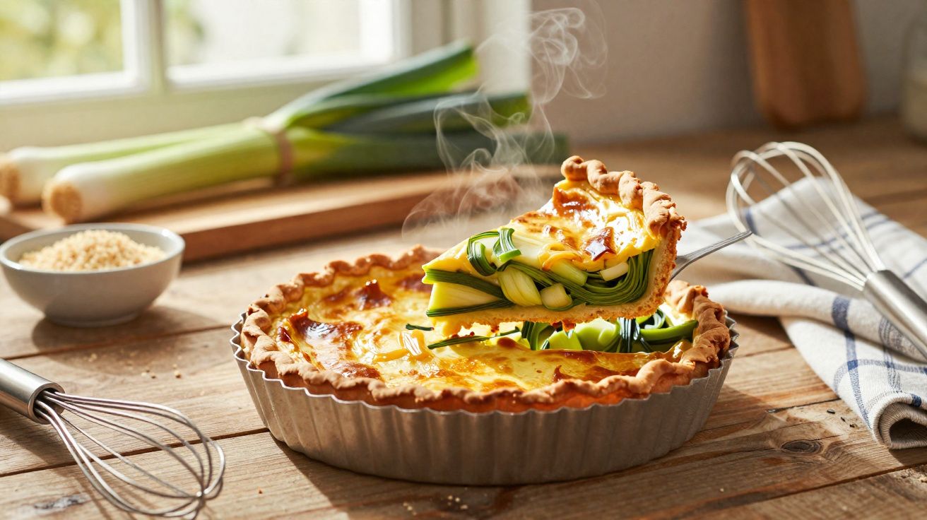 Tarte quente de legumes com alho-francês num tabuleiro, com utensílios de cozinha ao lado.