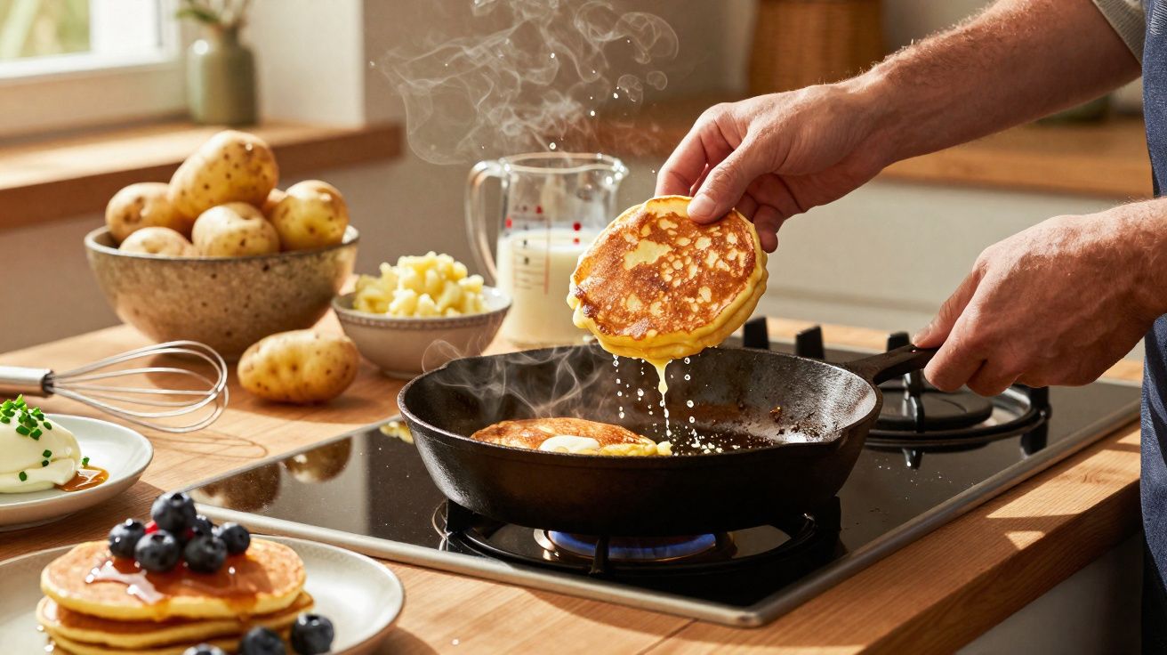 Pessoa a cozinhar panquecas numa frigideira com ingredientes à volta numa bancada de cozinha.