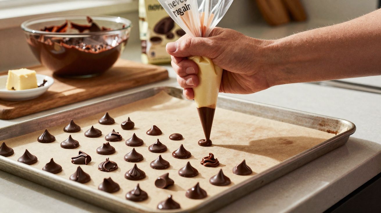 Mão a decorar biscoitos de chocolate numa bancada com saco de pasteleiro e tigela de chocolate derretido.