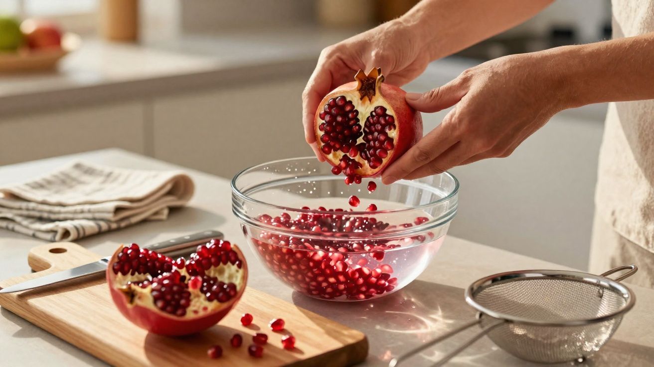 Pessoas a espremer romã sobre taça de vidro numa cozinha com tábua, faca e passador metálico.
