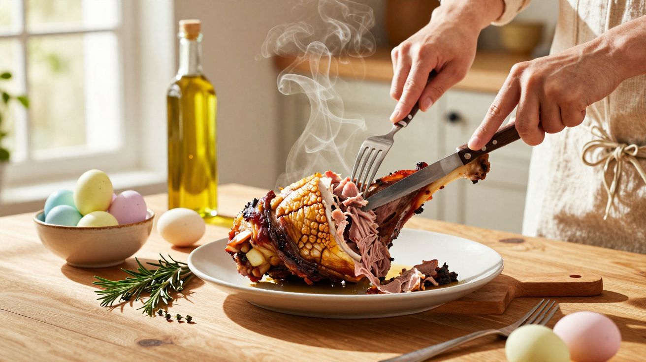 Pessoa a cortar perna de peru fumegante servida num prato branco, com ovos coloridos e garrafa de azeite ao lado.