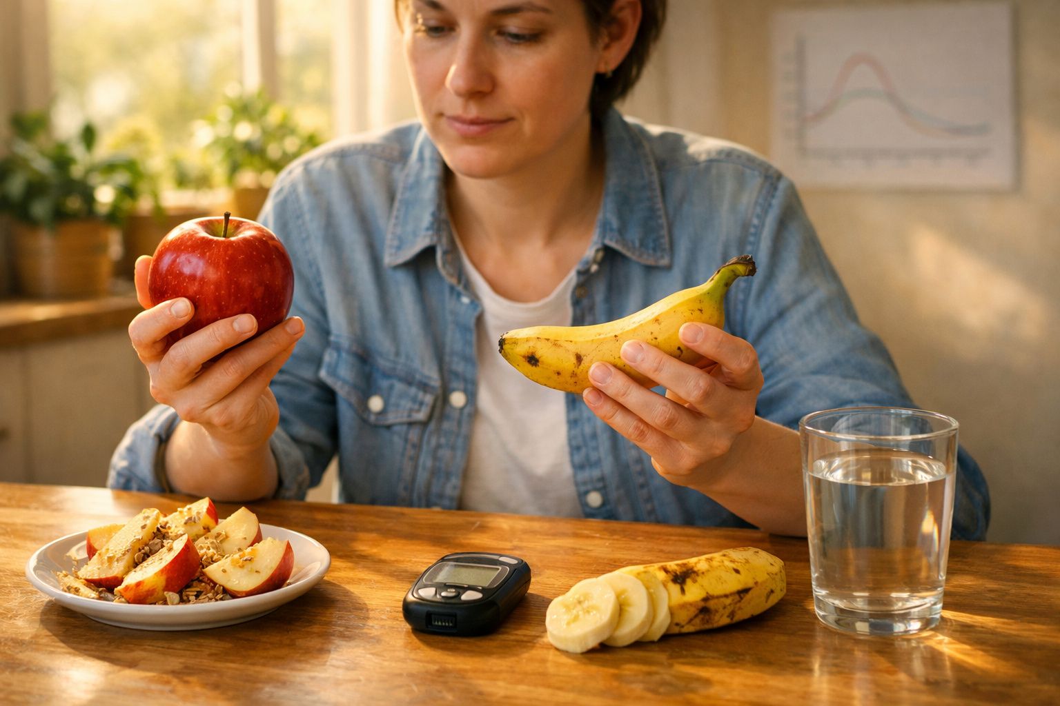 Pessoa a escolher entre maçã e banana com medidor de glicose e copo de água numa mesa.