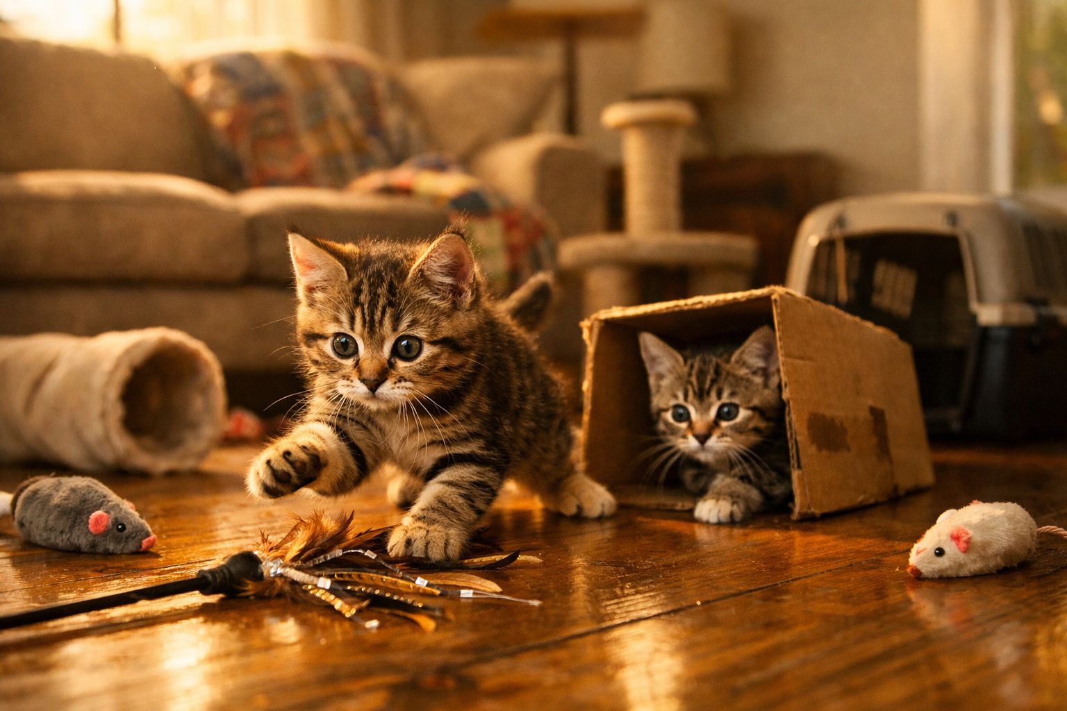 Dois gatinhos tigrados brincam numa sala com brinquedos e uma caixa de cartão.