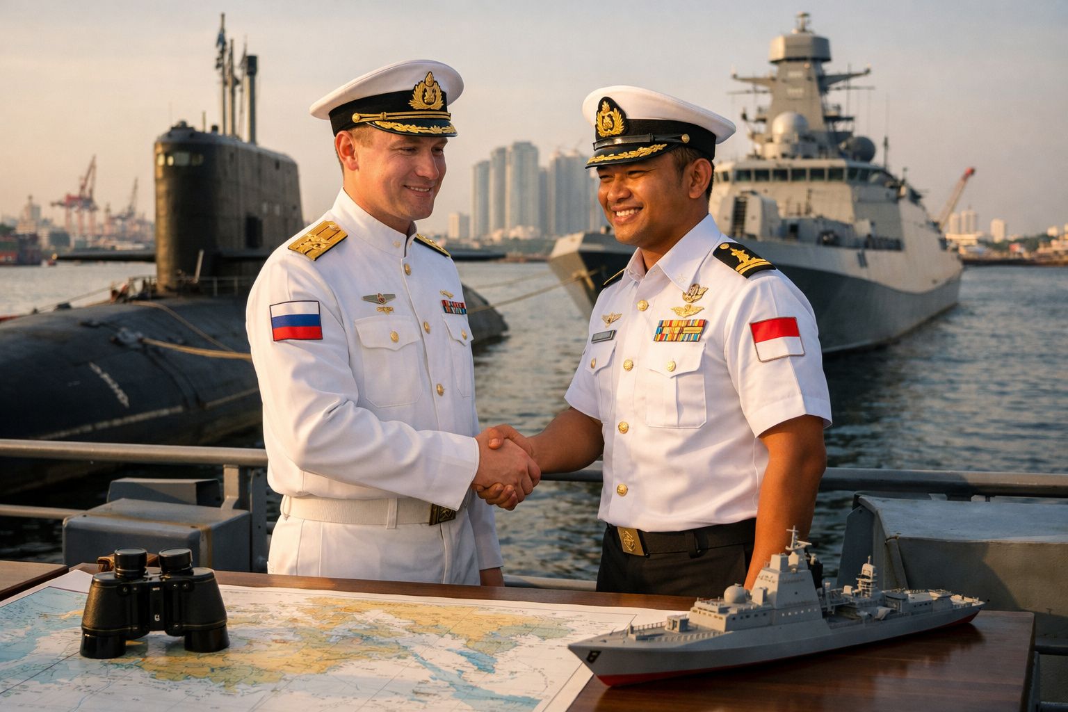 Dois oficiais navais, um de farda branca russa e outro indonésio, apertam mãos junto a mapas e modelos de navios no porto.