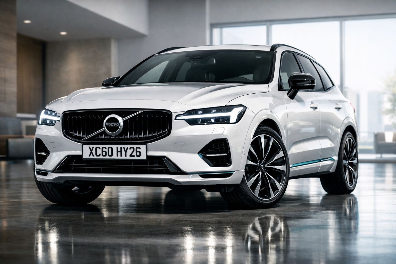 Carro SUV Volvo branco com design moderno apresentado num showroom iluminado.