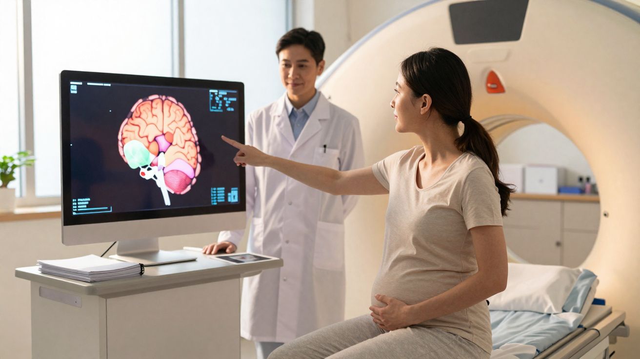 Mulher grávida aponta para imagem do cérebro num ecrã, com médico ao fundo em consultório.