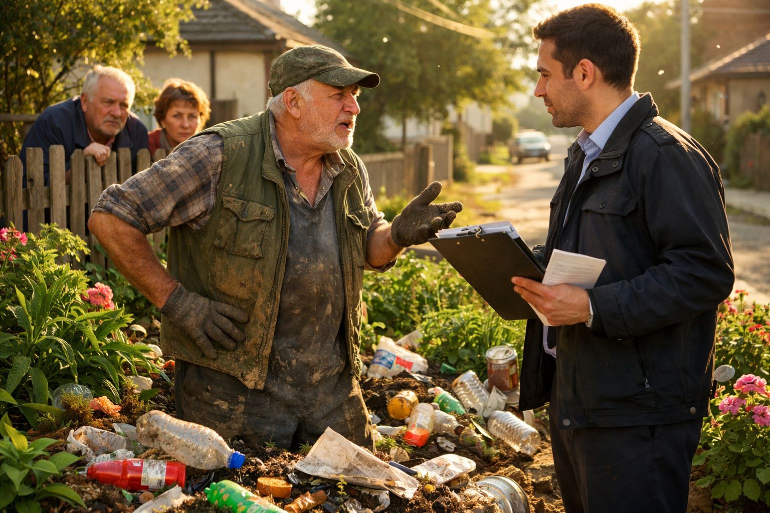 Homem idoso sujo discute com funcionário de terno num jardim com lixo espalhado, dois observam ao fundo.