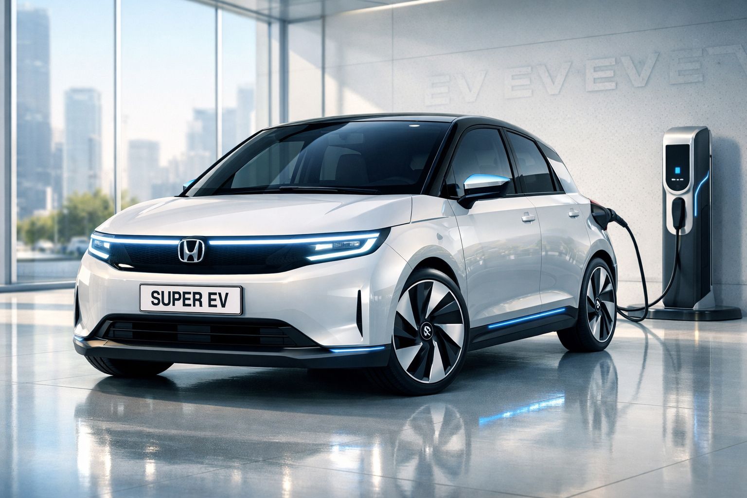 Carro elétrico branco da Honda, modelo Super EV, a ser carregado numa estação de carregamento interior moderna.