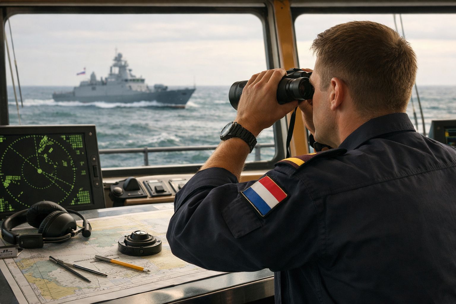 Marinheiro de uniforme com bandeira holandesa observa navio militar ao longe com binóculos na cabine de comando.
