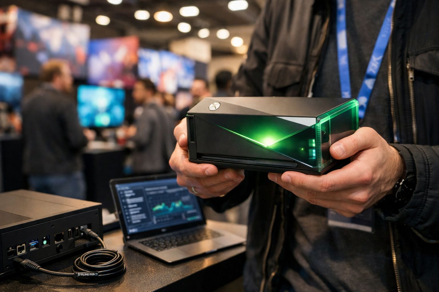 Pessoa a segurar consola Xbox Series X em evento tecnológico com portátil e equipamentos ao fundo.