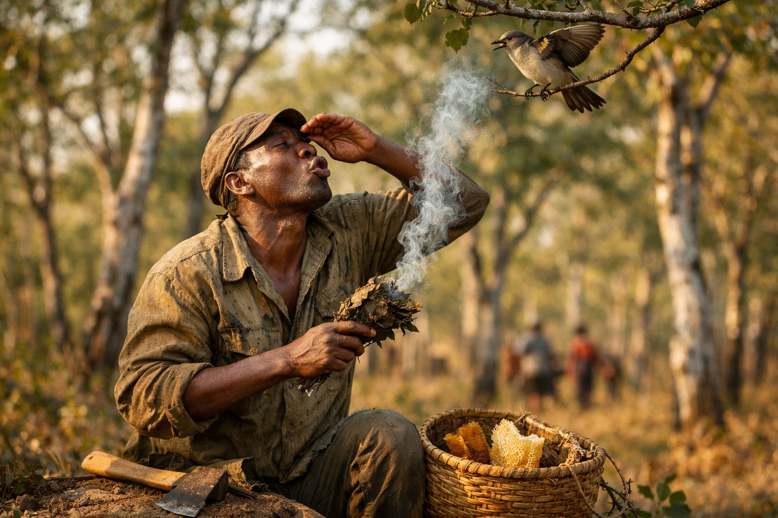 Homem em floresta com folha a fumegar, assobiando para atrair pássaro que voa próximo.