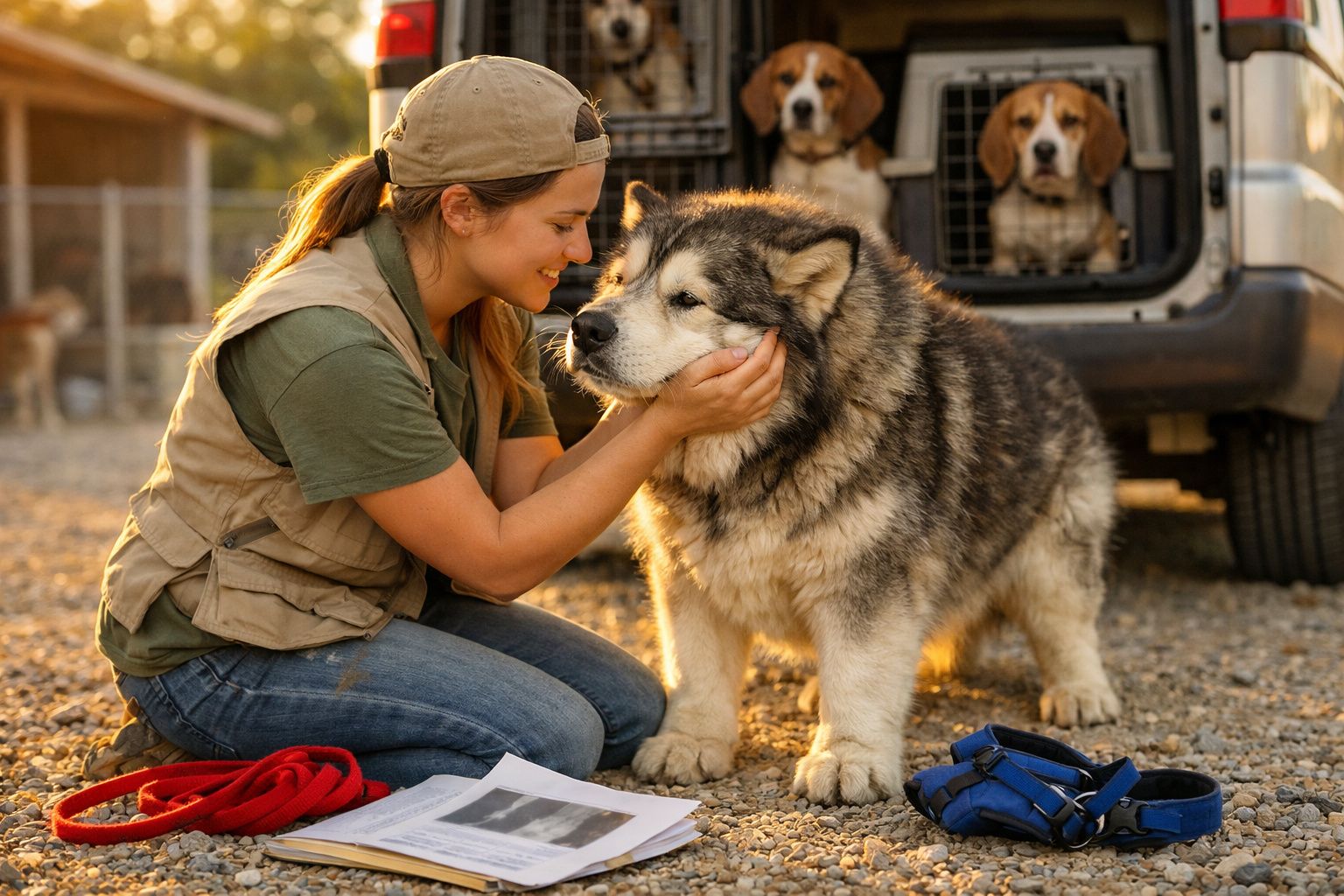 Mulher sorridente agacha-se a acariciar um cão grande e peludo, com cães em caixas no fundo.