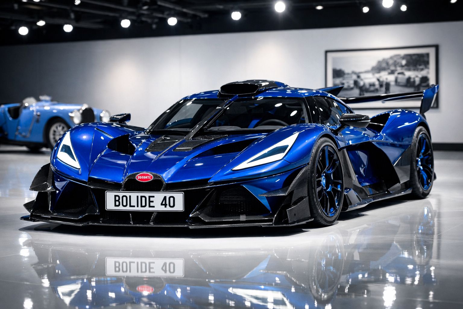Carro desportivo azul Bugatti Bolide 40 em exposição numa sala moderna com piso refletor.