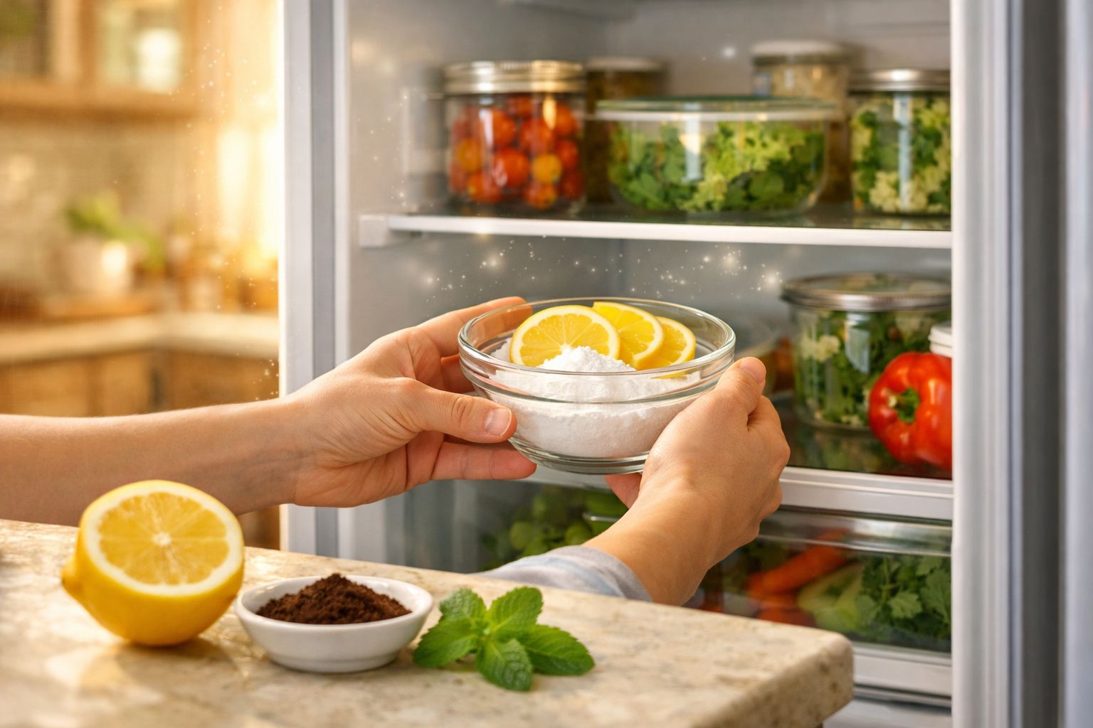 Mãos a colocar tigela com limão e bicarbonato na geladeira, perto de ingredientes frescos e ervas.