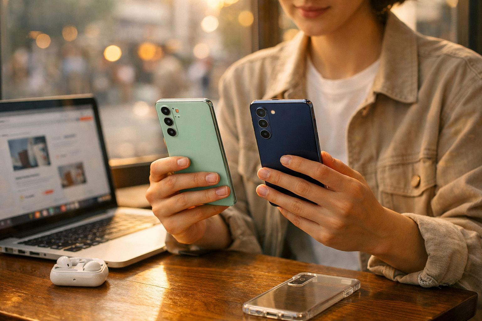 Pessoa a segurar dois smartphones, um verde e um azul, com portátil aberto e auscultadores sem fios numa mesa.