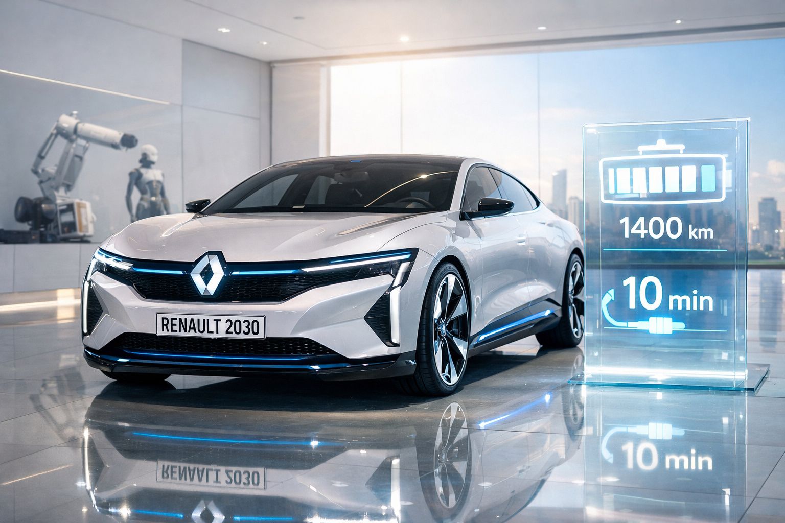 Carro elétrico Renault 2030 branco com autonomia de 1400 km e carregamento rápido em 10 minutos.