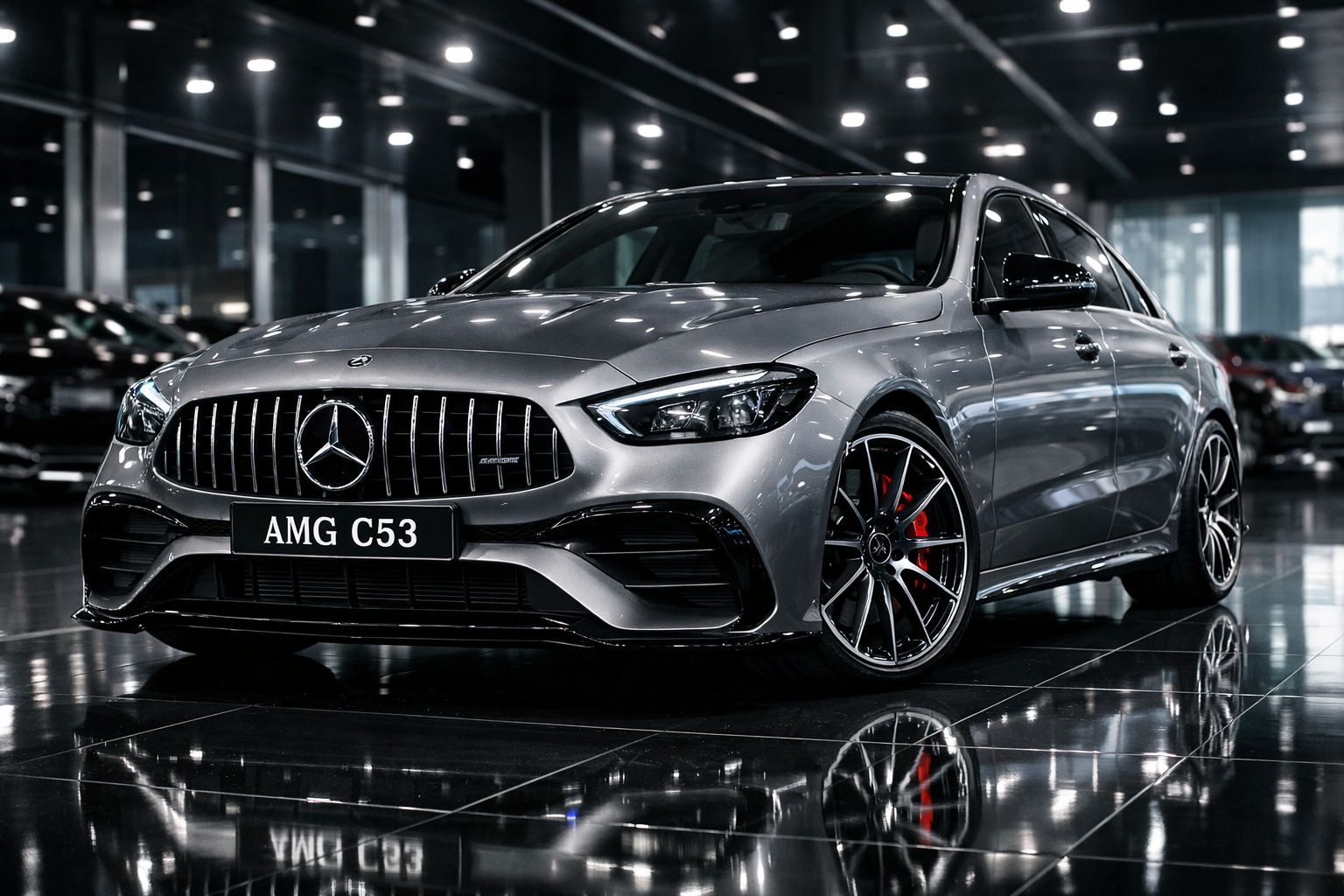 Mercedes-Benz AMG C53 cinzento estacionado em showroom com chão refletor e iluminação ambiente.