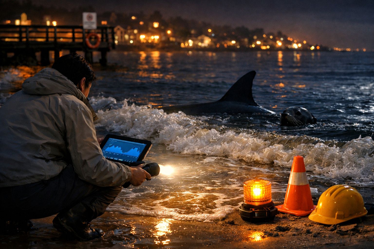 Homem agachado com tablet e lanterna observa tubarão perto da costa à noite, com cones e capacete na areia.