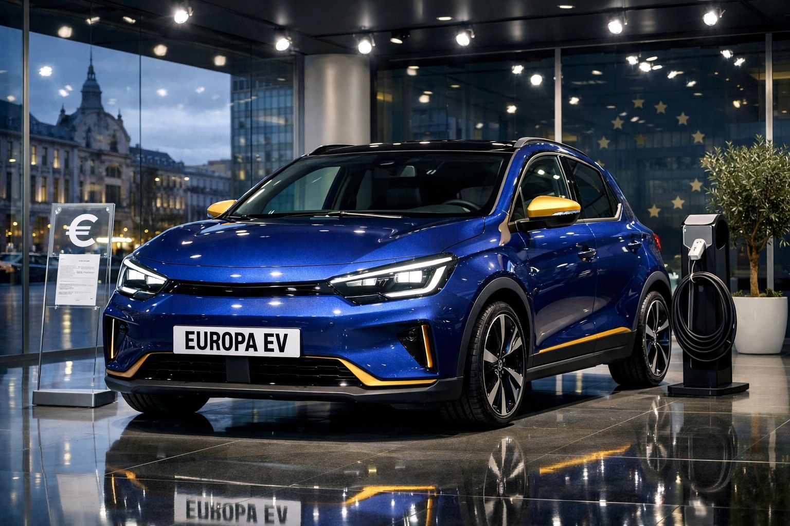 Carro elétrico azul Europa EV estacionado junto a posto de carregamento elétrico numa exposição urbana moderna.