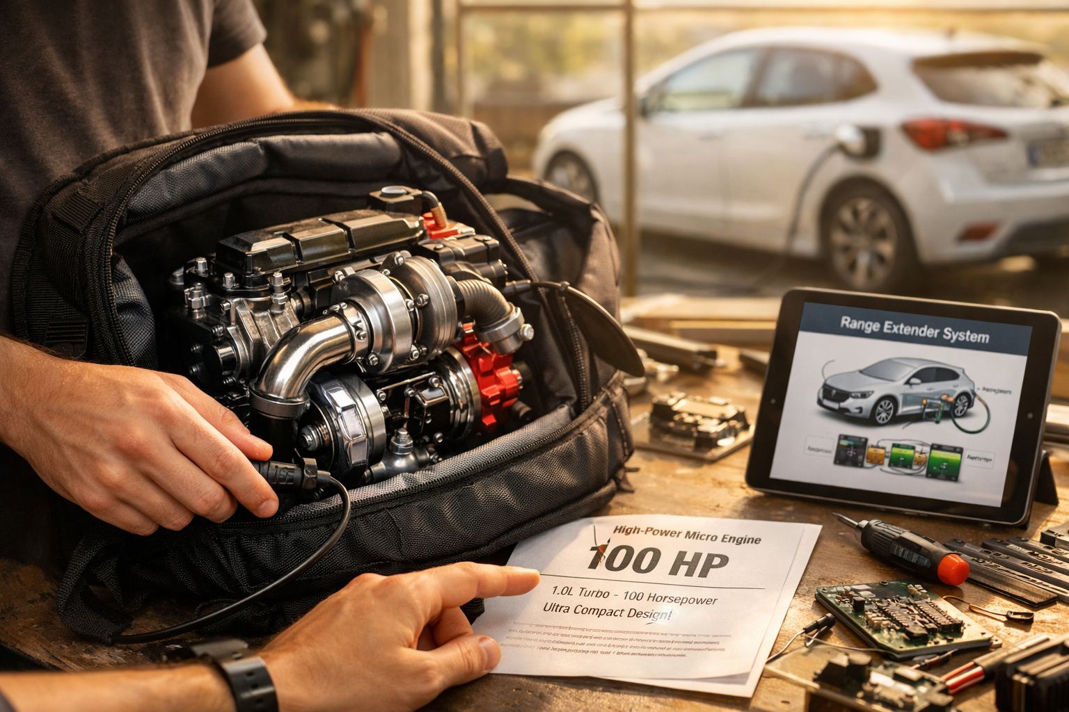Mão segurando mini motor turbo dentro de mochila e folha com especificações ao lado de tablet mostrando sistema Range Extende