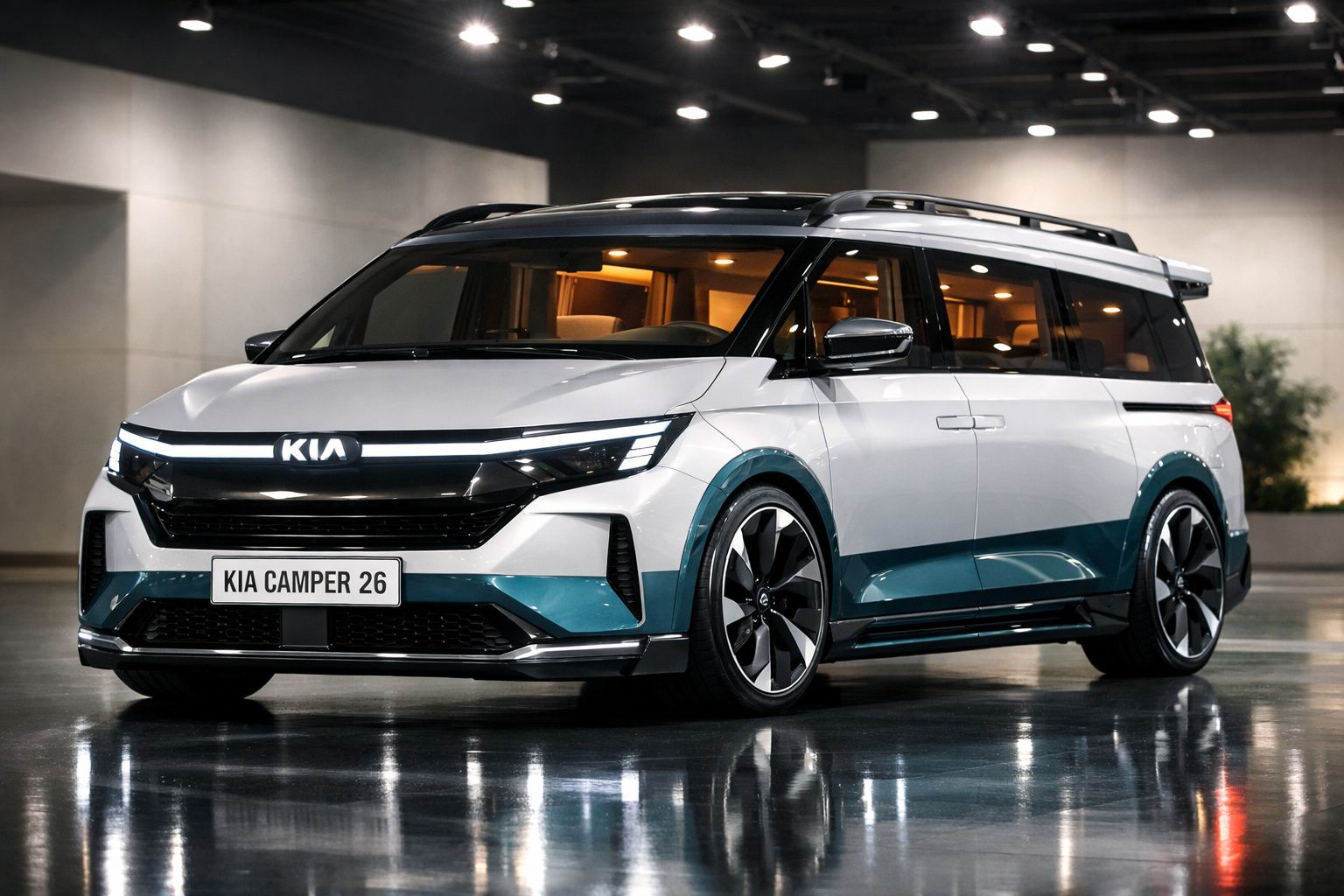 Veículo Kia Camper 26 estacionado em interior iluminado, com design moderno e luzes LED dianteiras acesas.