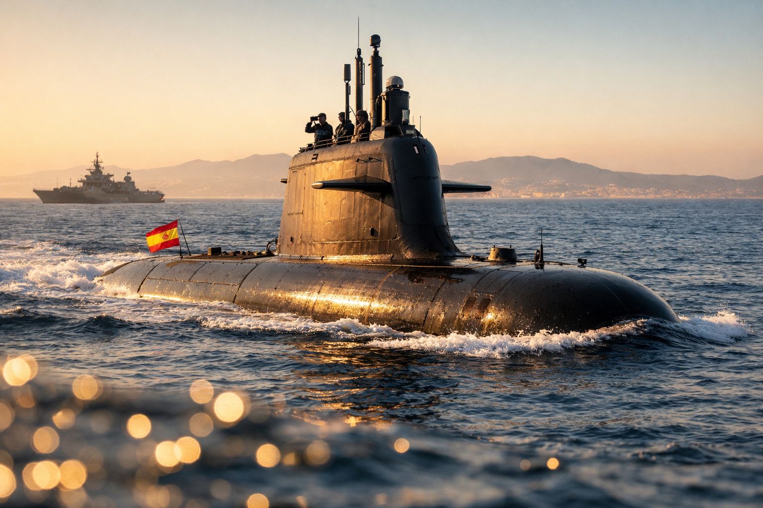 Submarino espanhol navegando ao pôr do sol com tripulação visível e um navio de guerra ao fundo.