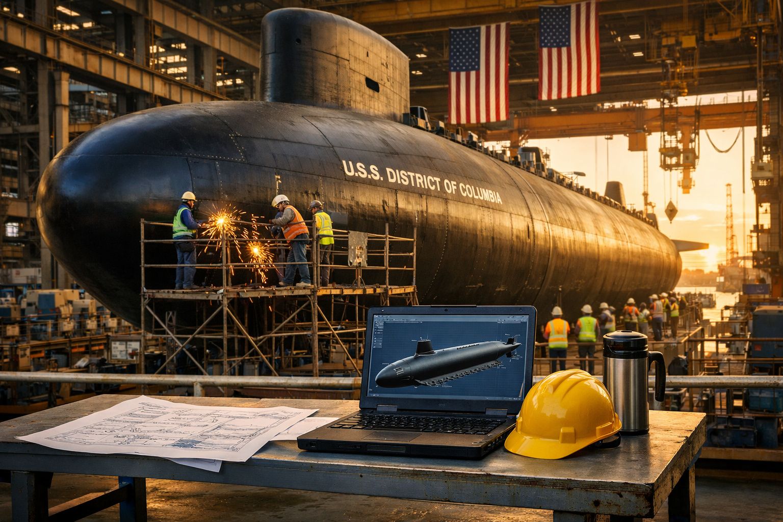 Submarino U.S.S. District of Columbia em construção com trabalhadores e equipamentos numa doca industrial.
