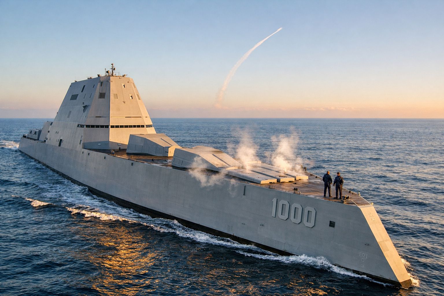 Navio de guerra moderno com canhões a disparar no mar ao pôr do sol, com duas pessoas a bordo.