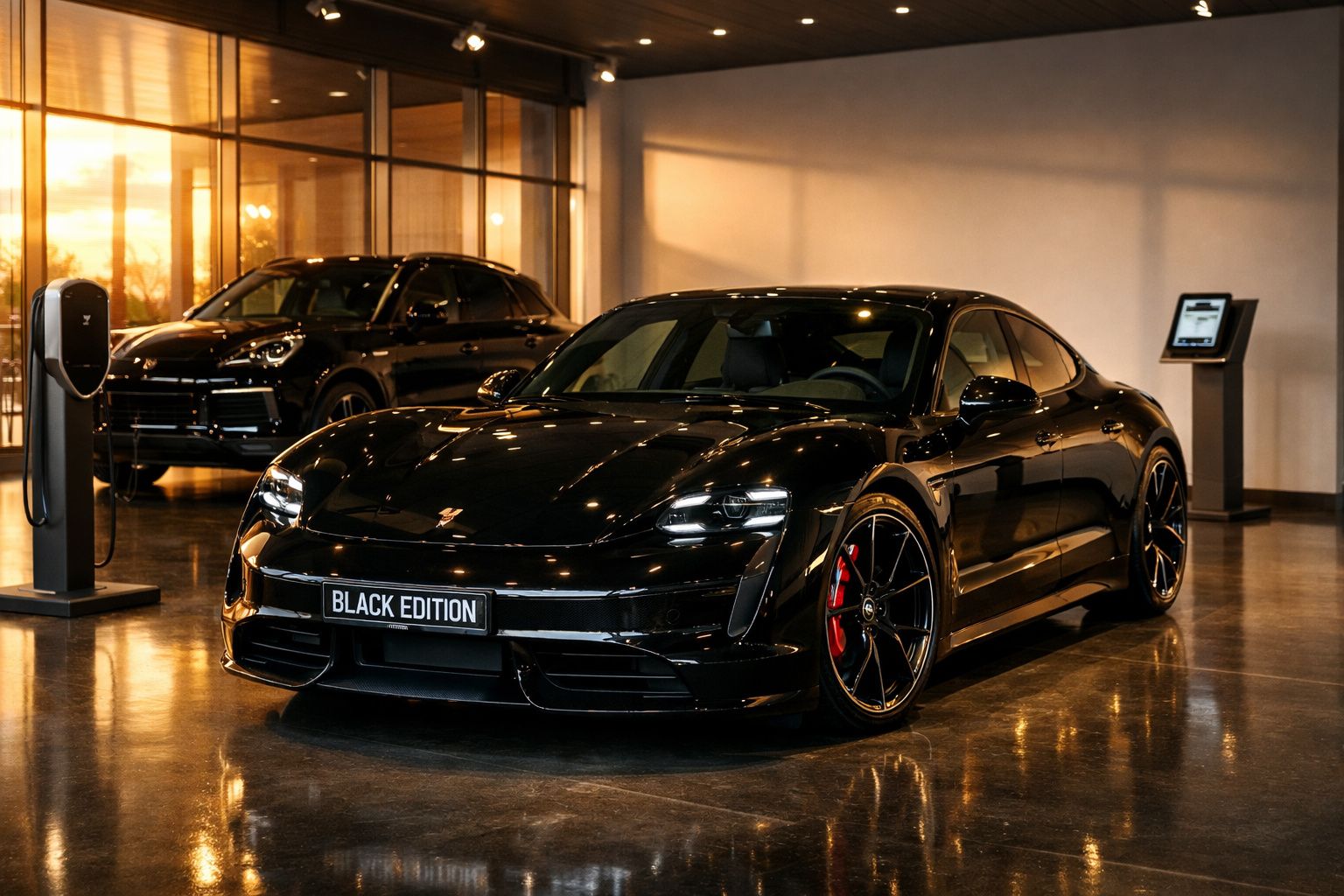 Carro desportivo preto Porsche Black Edition em exibição num showroom moderno com luz natural.
