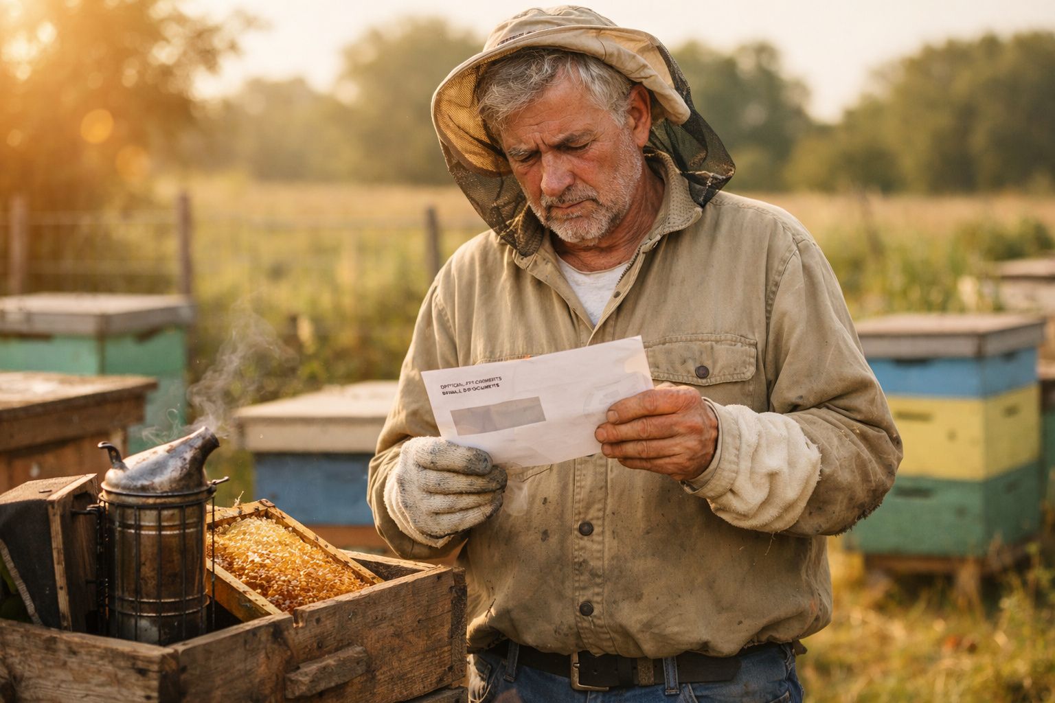 Apicultor vestido com traje protetor a ler carta junto a colmeias num campo ao pôr do sol.
