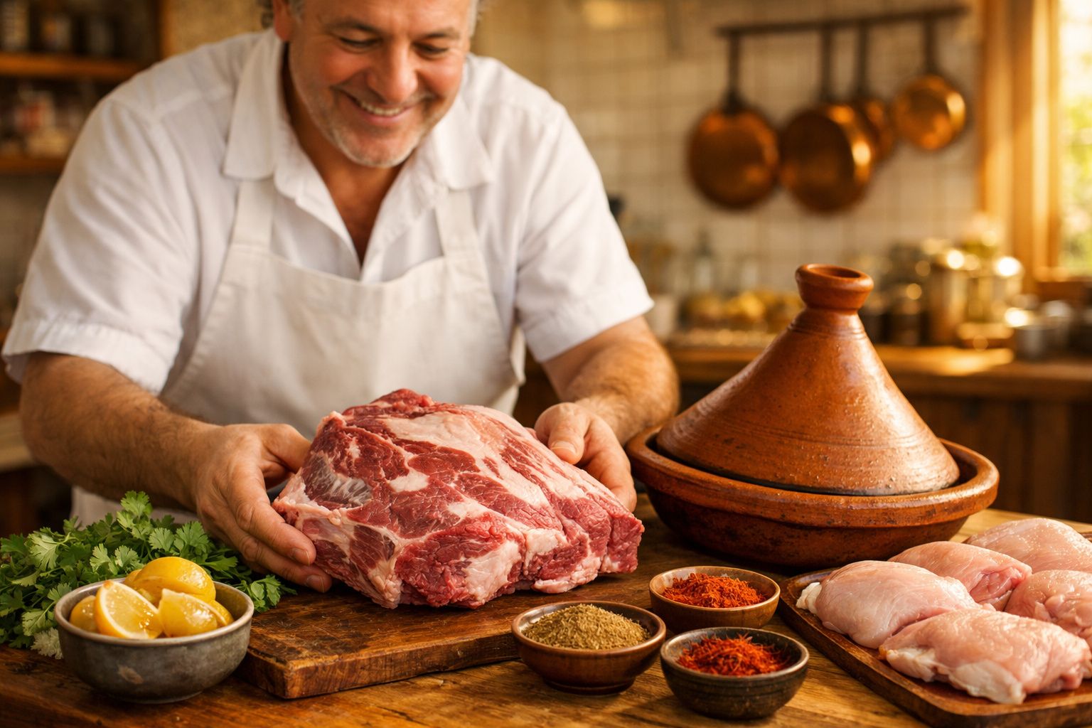 Homem em avental branco segura pedaço grande de carne crua numa cozinha com especiarias e legumes.