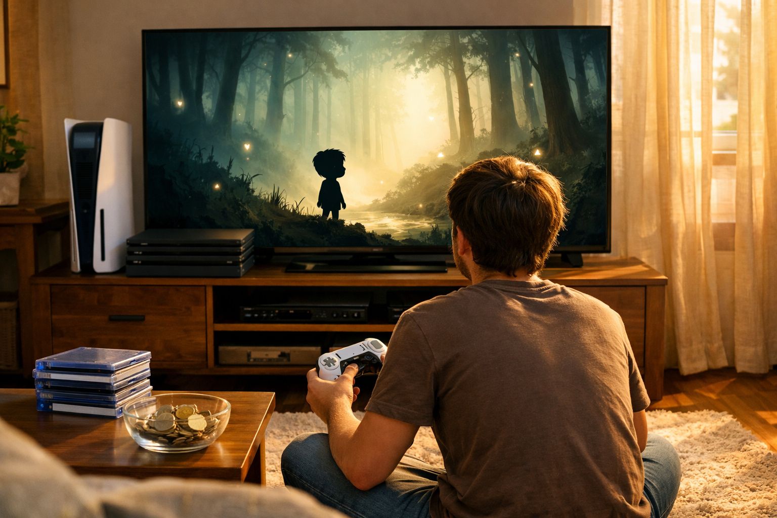 Homem sentado no chão a jogar videojogo numa televisão com imagem de floresta e personagem sombreada.