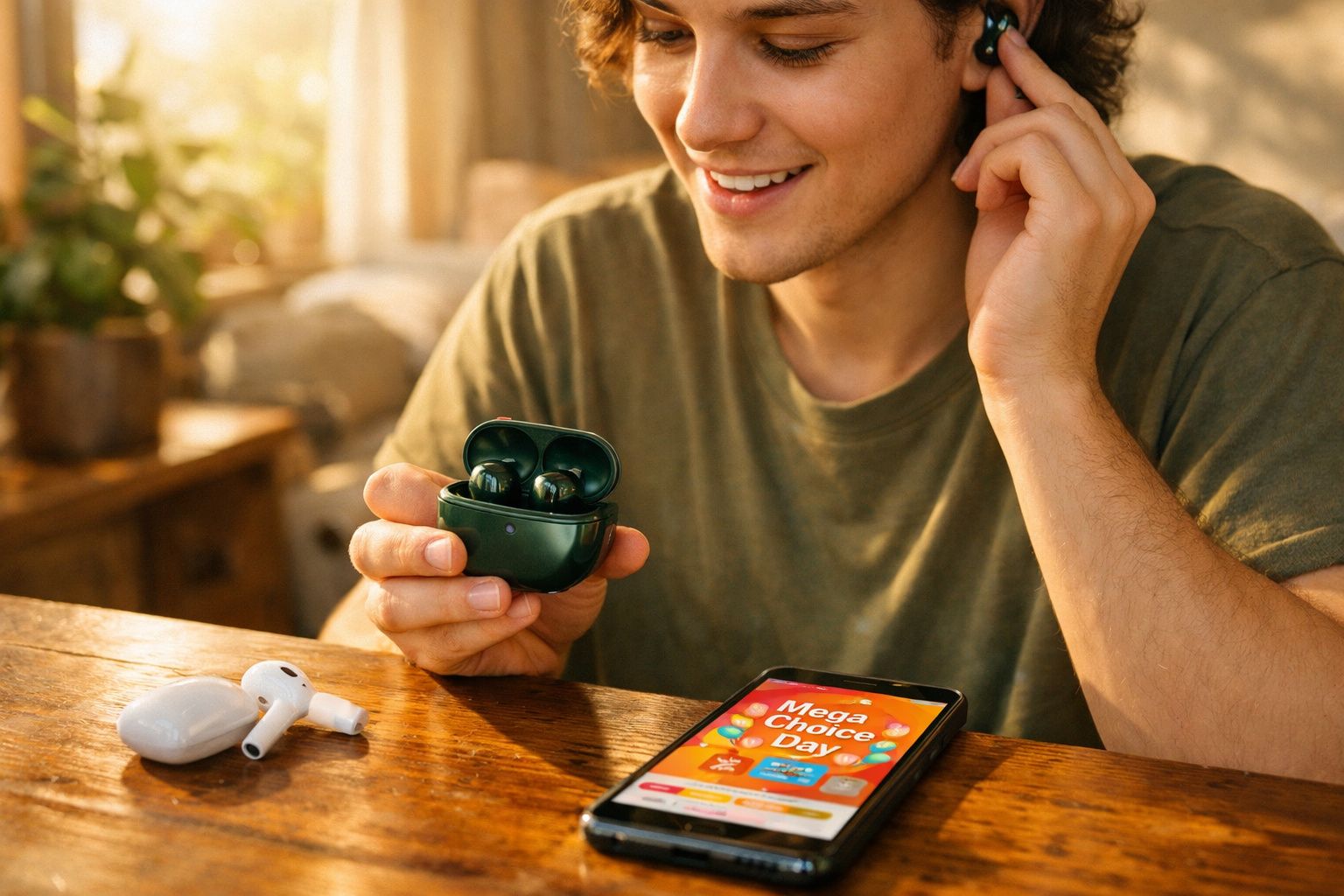 Jovem sorridente segura auscultadores sem fios verdes e toca no seu ouvido com smartphone na mesa.
