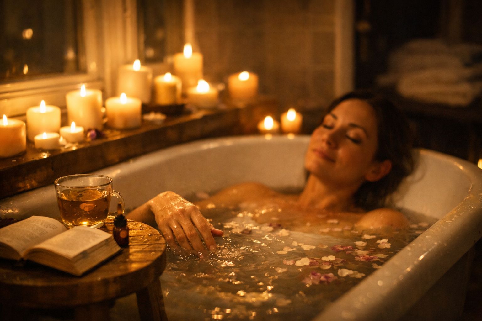 Mulher relaxa numa banheira com flores, rodeada por velas acesas e chá sobre uma mesa de madeira.
