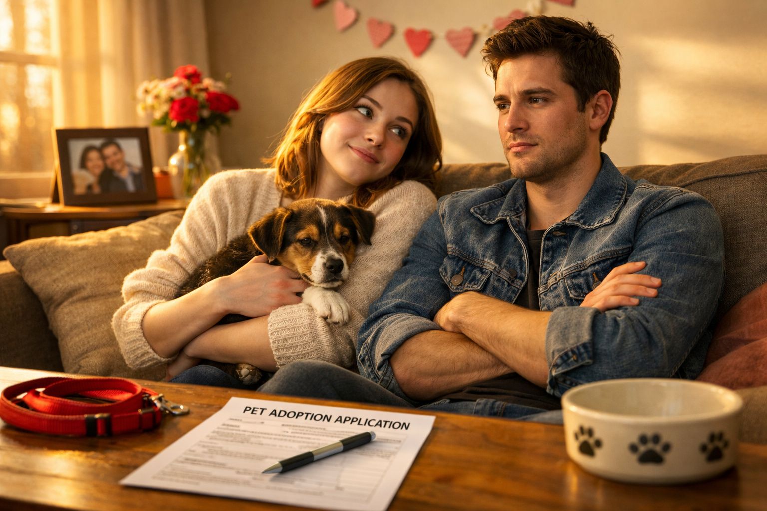 Casal sentado no sofá com cão ao colo, formulário de adoção de animal e tigela com patas na mesa à frente.
